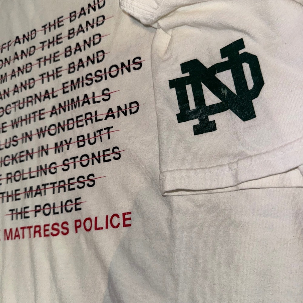 The Mattress Police Band Graphic T-Shirt Mens XL White Notre Dame Sleeve Logo